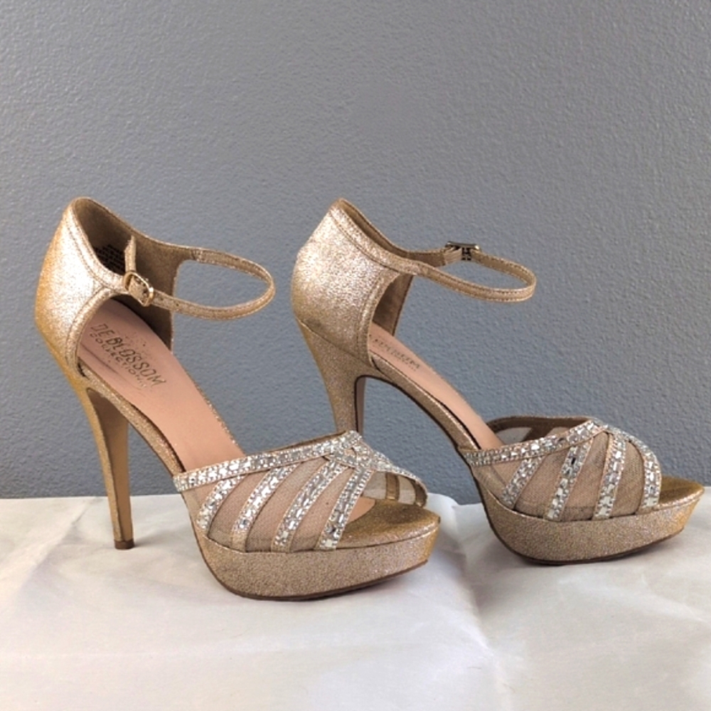 De Blossom Champagne Peep Toe Heels with Rhinestone Embellishments